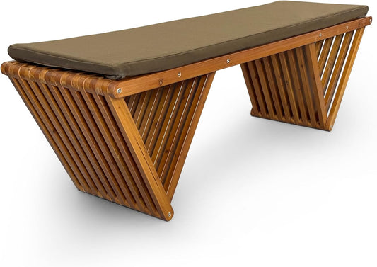 Mega Casa Outdoor Wooden Bench with Weatherproof Cushion, Solid Fir Wood, Coating with Wood Varnish, 3-Seater, for Patio, Porch, Yard, Garden, 62.8 inches (Teak Tone)