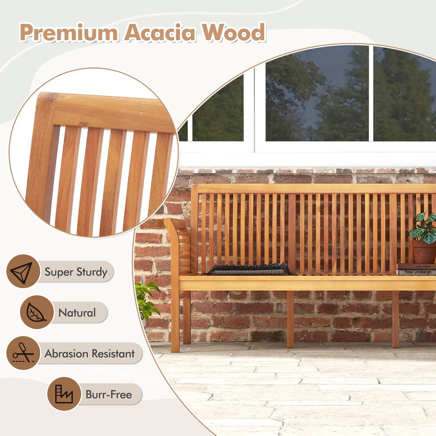 Tangkula 3-Seat Patio Acacia Wood Bench with Cushion, 62.5” Extra Long Outdoor Chair with Dense Slatted Backrest & Armrests, 1200 lbs Weight Capacity, Outside Bench for Yard, Balcony, Porch & Garden