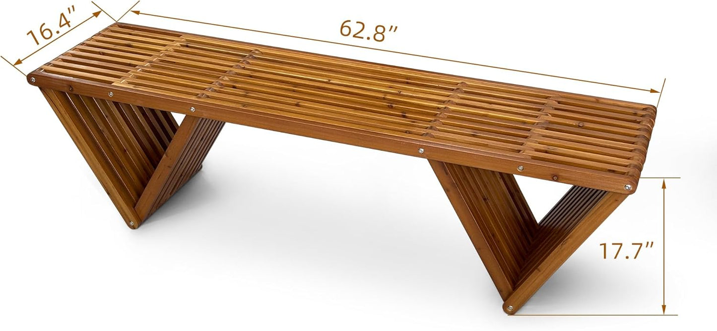 Mega Casa Outdoor Wooden Bench with Weatherproof Cushion, Solid Fir Wood, Coating with Wood Varnish, 3-Seater, for Patio, Porch, Yard, Garden, 62.8 inches (Teak Tone)