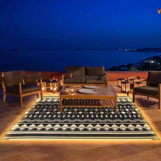 Outdoor Rug Carpet 5 x 8ft for Patio RV Camping with Led Strip Lights Large Waterproof Plastic Straw Rug with Lights Reversible Portable Indoor Outdoor Rug Mat for Patio Decor Clearance Balcony Picnic