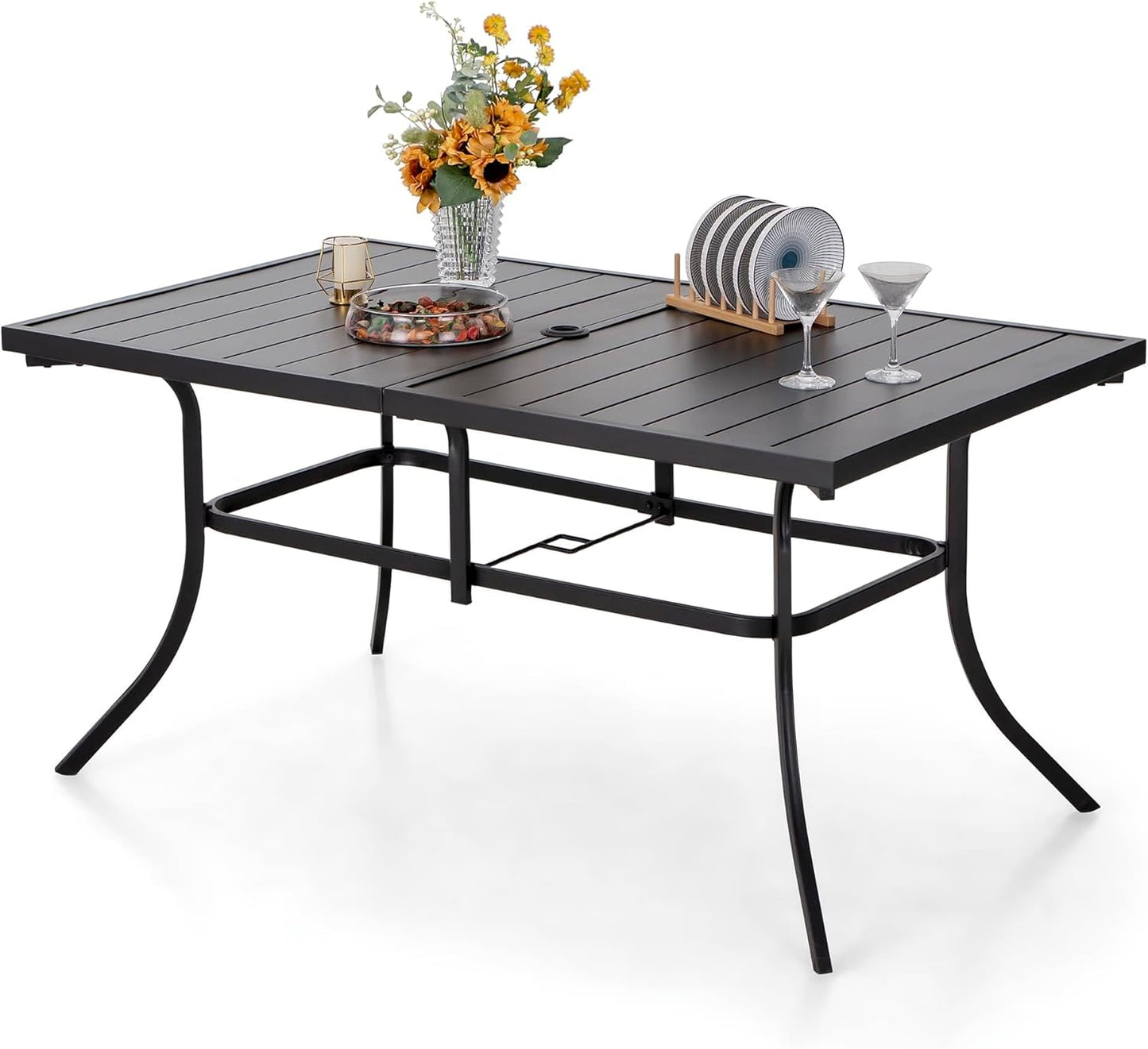 PHI VILLA 64" Large Metal Patio Dining Table Steel Rectangular Outdoor Table, Weather-Resistant Table with 1.77" Umbrella Hole for Lawn Backyard Garden, Black