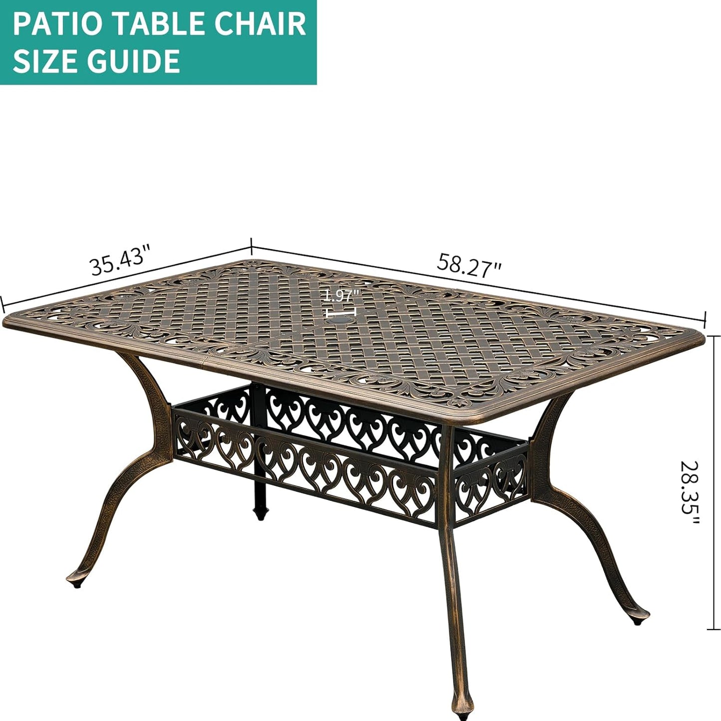 60" Large Outdoor cast Aluminum Patio Dining Table, Rectangular Outdoor Bistro Dining Table for 6 Person, for Garden (Bronze, Rectangle 60")