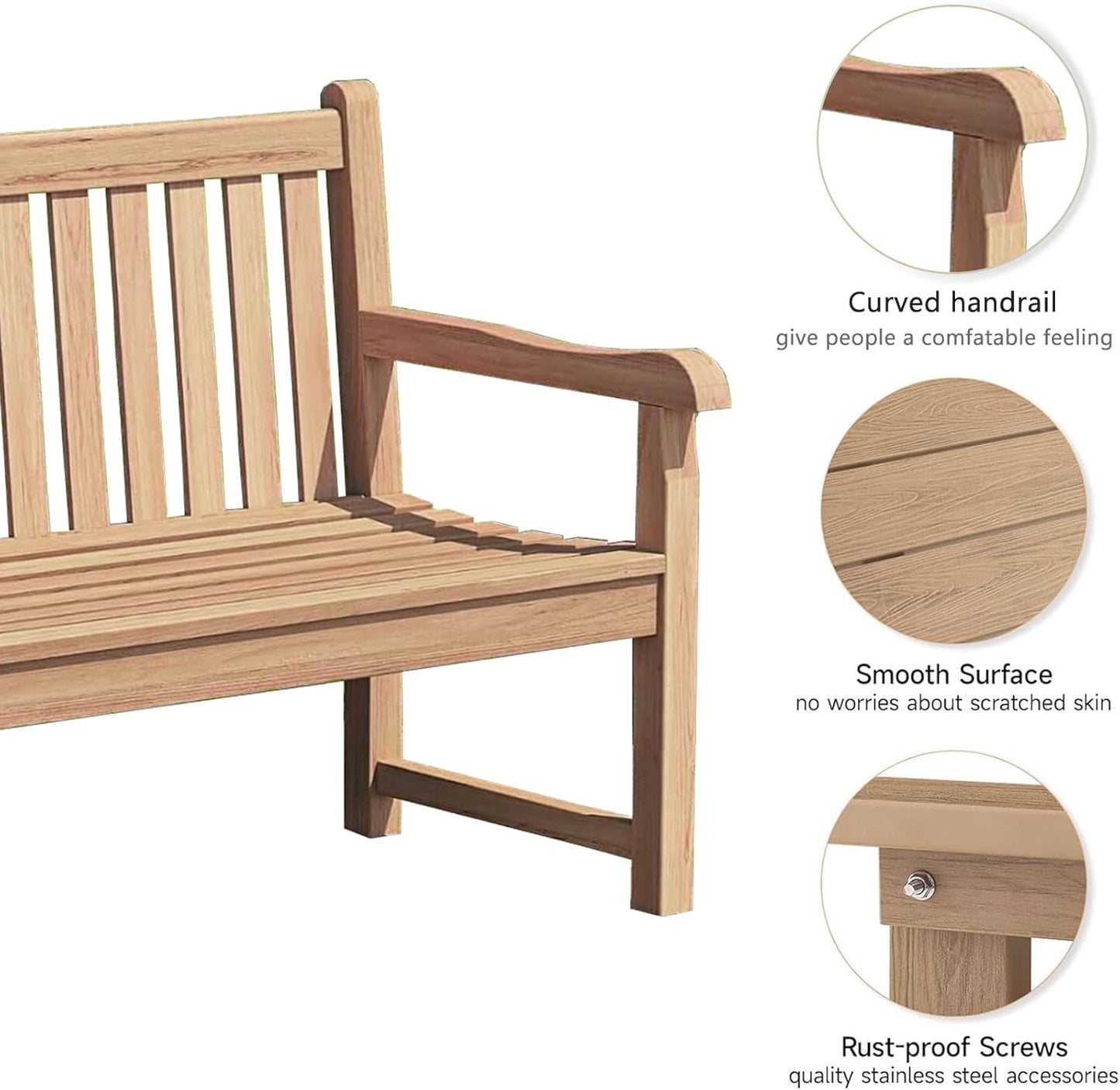 4 Feet Patio Bench - Golden Teak Wood Porch Chair Yard Garden Bench Balcony Outdoor with Armrest & Backrest(Natural Wood Color)