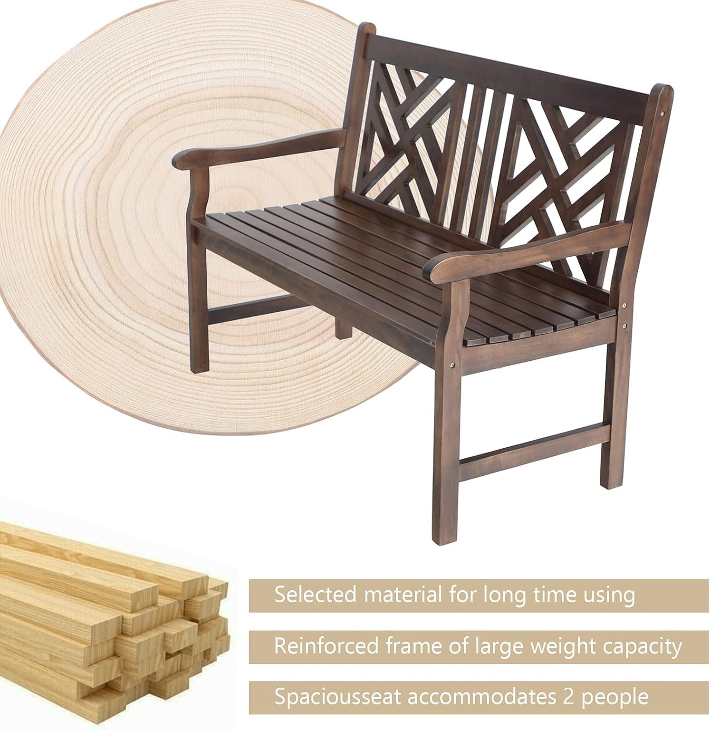 MFSTUDIO Outdoor Acacia Wood Garden Bench with Backrest and Armrest, 2-Person Slatted Seat Bench Patio Furniture for Porch Park Yard, Weight Capacity 600 lbs(Brown)