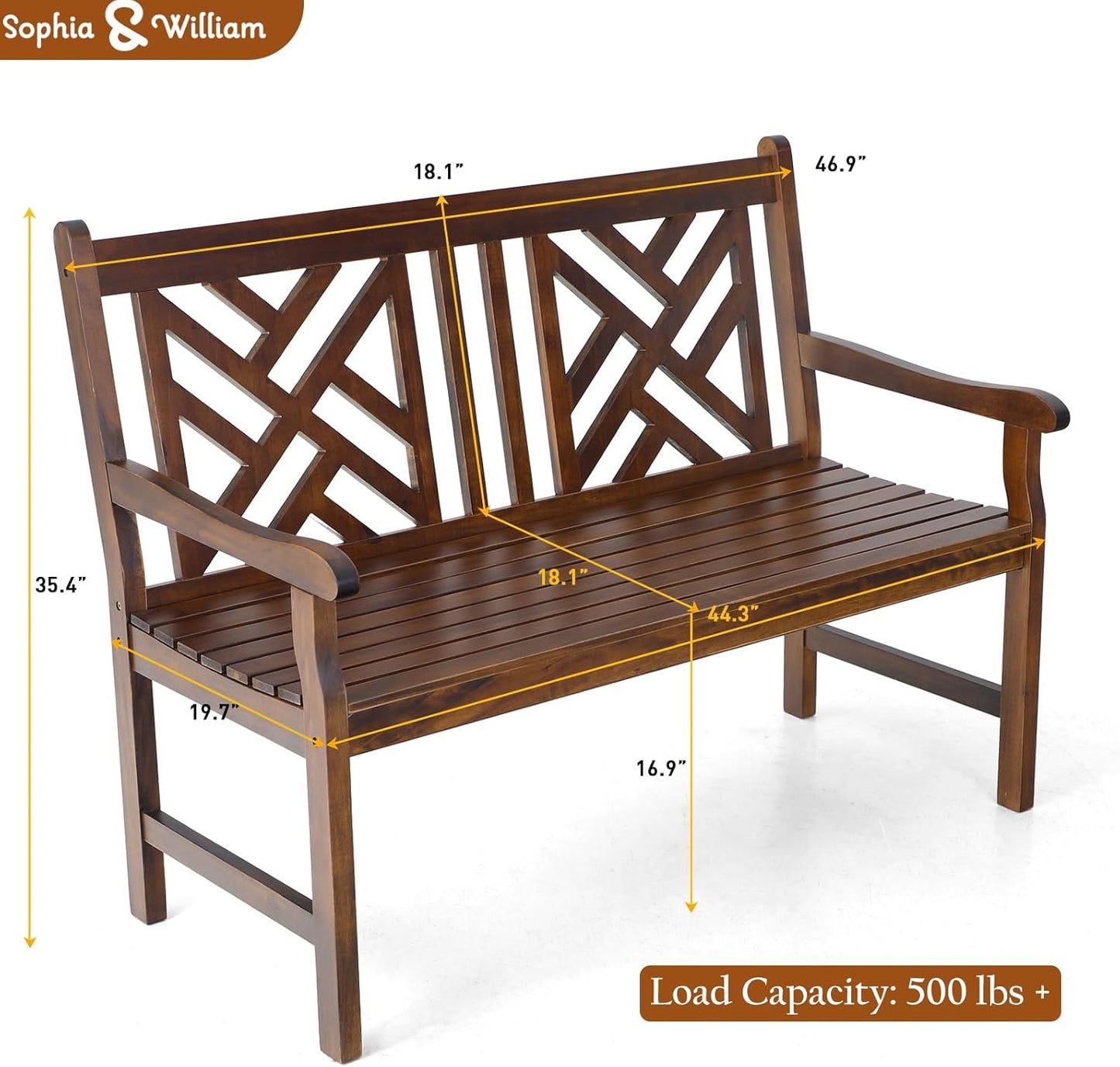 Sophia & William Outdoor Bench Garden Bench Wood 47", Patio Dining Bench Weatherproof with Back, Wooden Park Front Porch Benches for Outside, Rustic Poplar Wood Bench Long Narrow Clearance