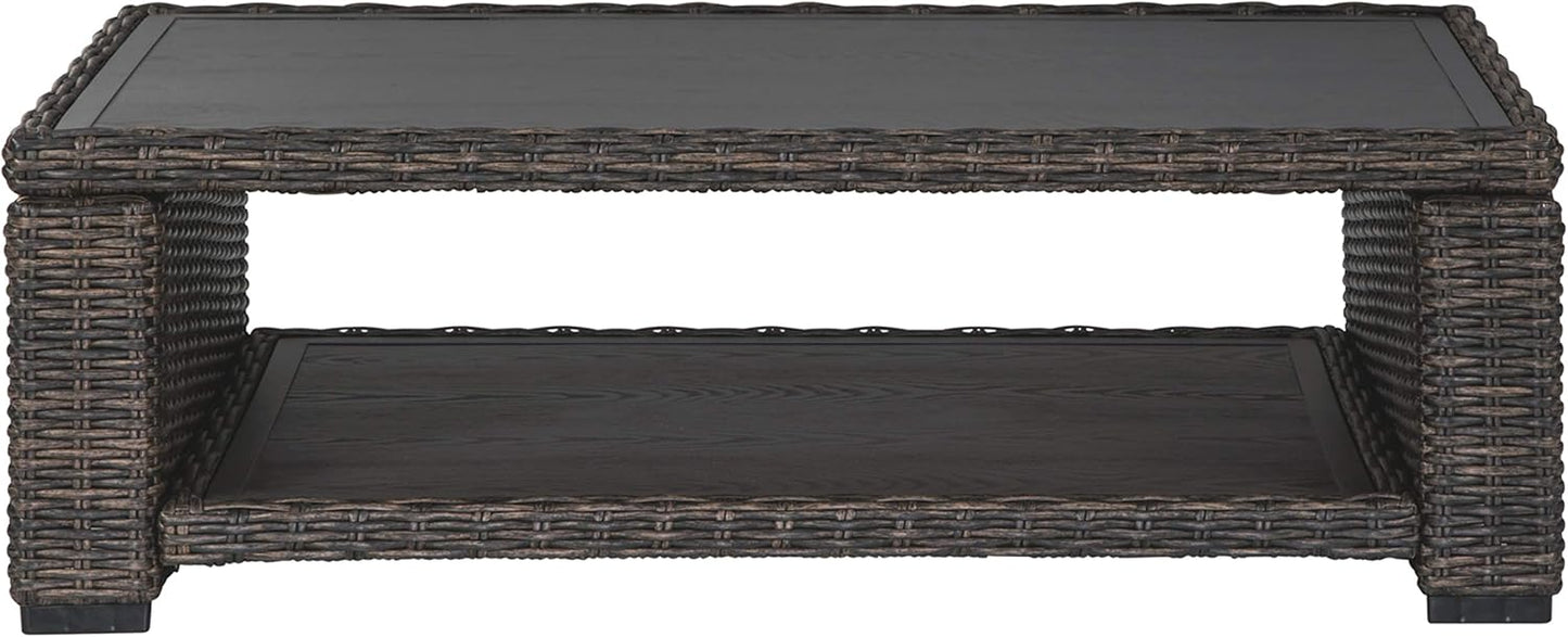 Signature Design by Ashley Grasson Lane Outdoor Wicker Cocktail Table with Aluminum Frame, Brown