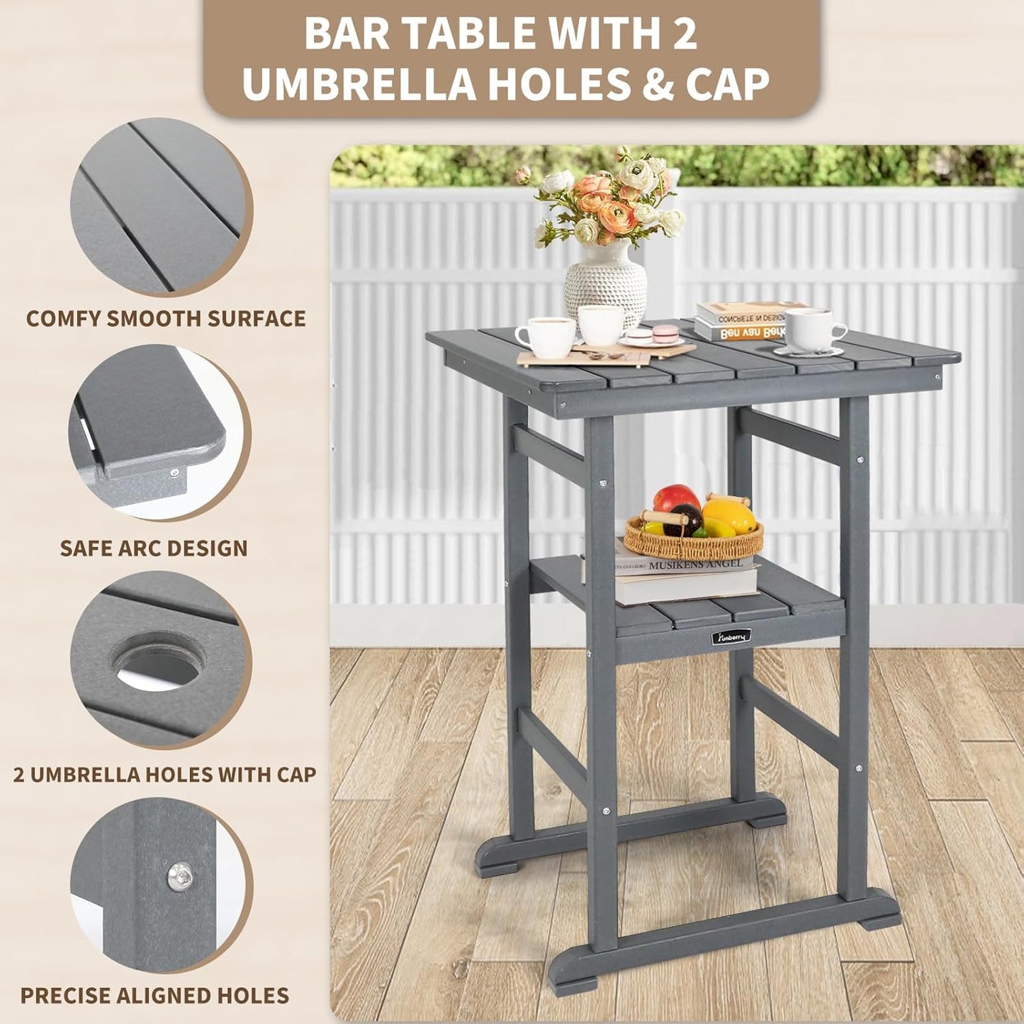 FUNBERRY Outdoor Bar Set with Umbrella Holes, Tall Adirondack Chairs and Table, All Weather HDPE Bar Height Outdoor Table and Chairs Set for Bistro Patio Balcony