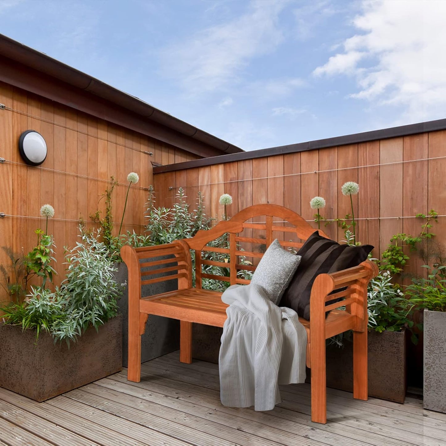 Classic Patio Loveseat Bench, Eucalyptus Wood, 4 FT, 2-Person, Foldable, Outdoor, Arched Back & Armrests, Natural Teak