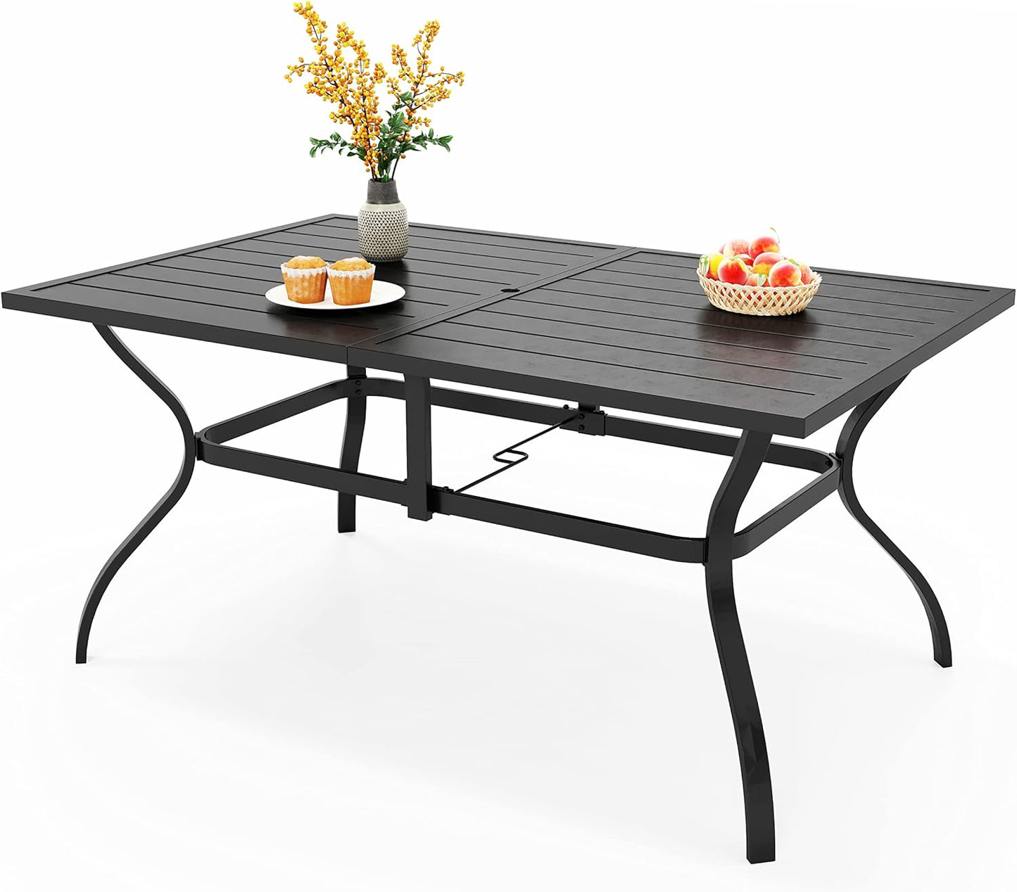 PHI VILLA 64" Large Metal Patio Dining Table Steel Rectangular Outdoor Table, Weather-Resistant Table with 1.77" Umbrella Hole for Lawn Backyard Garden, Black