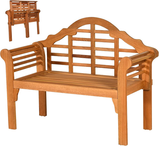 Classic Patio Loveseat Bench, Eucalyptus Wood, 4 FT, 2-Person, Foldable, Outdoor, Arched Back & Armrests, Natural Teak