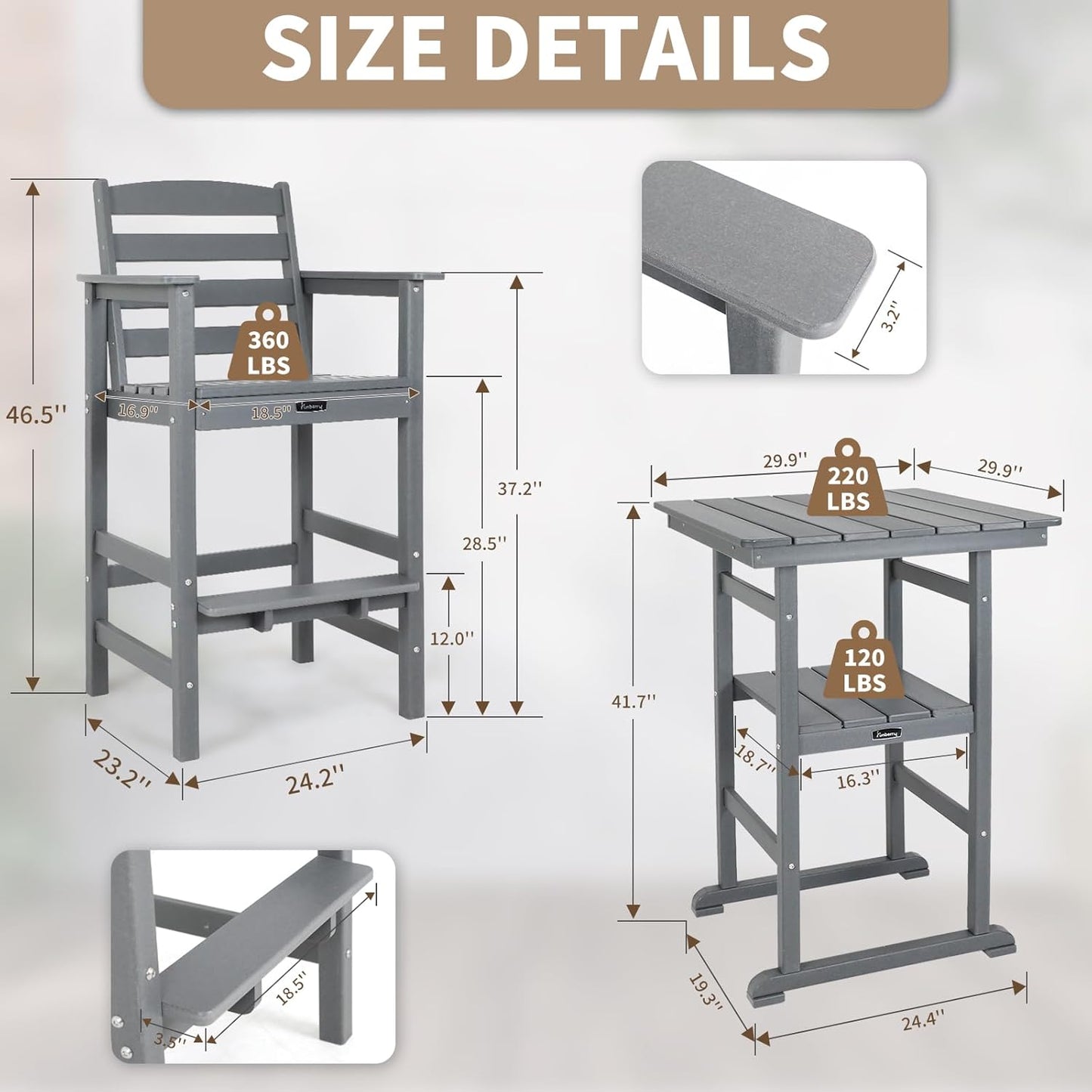 FUNBERRY Outdoor Bar Set with Umbrella Holes, Tall Adirondack Chairs and Table, All Weather HDPE Bar Height Outdoor Table and Chairs Set for Bistro Patio Balcony