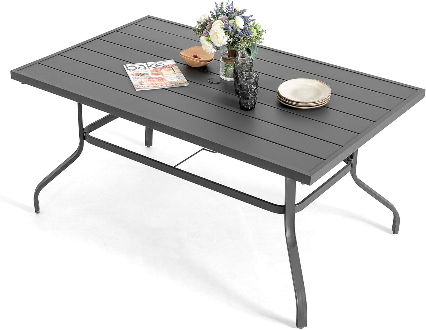 NUU GARDEN 60" Outdoor Dining Table with 2.09" Umbrella Hole, All Weather Cast Aluminum Outdoor Patio Table, 6-8 Person Rectangle Dining Table, Backyard Bistro Table for Garden, Poolside, Black