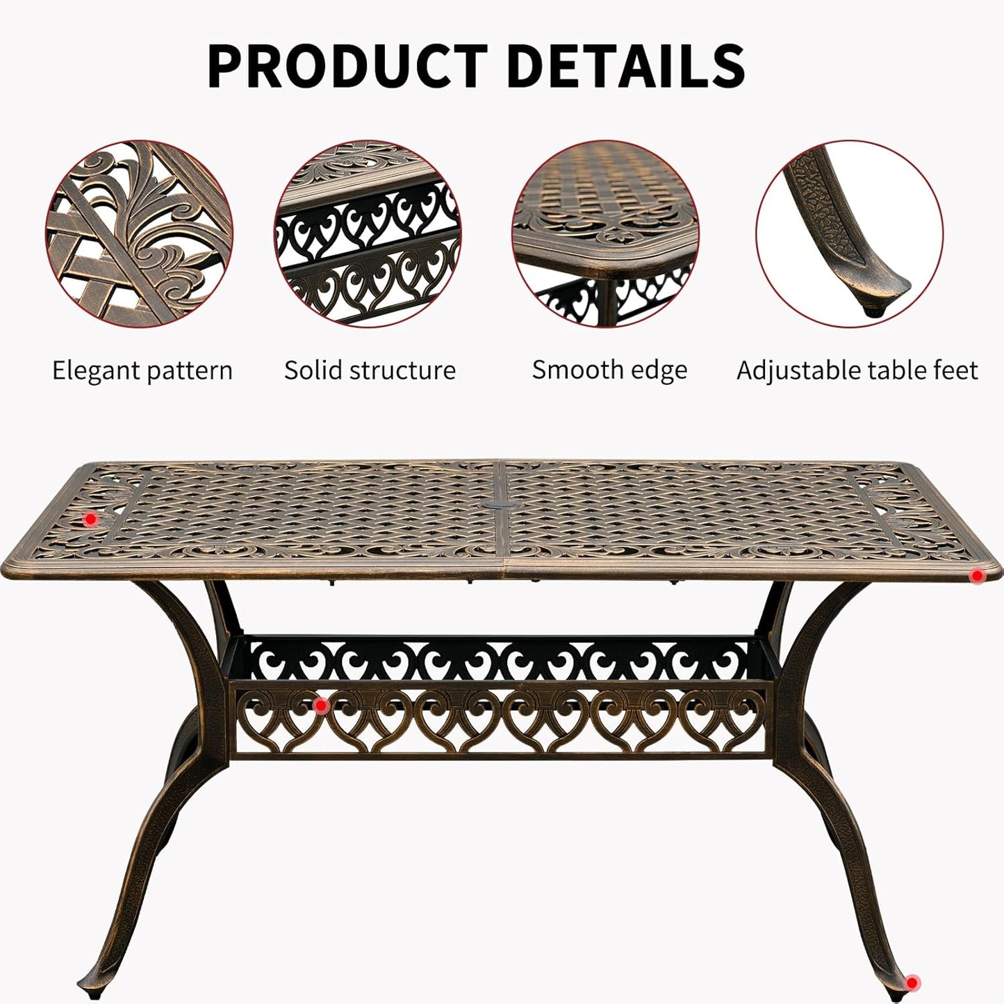 60" Large Outdoor cast Aluminum Patio Dining Table, Rectangular Outdoor Bistro Dining Table for 6 Person, for Garden (Bronze, Rectangle 60")