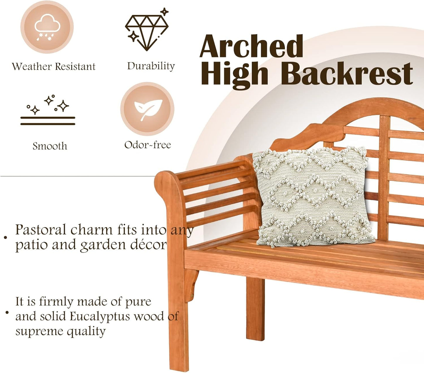 Classic Patio Loveseat Bench, Eucalyptus Wood, 4 FT, 2-Person, Foldable, Outdoor, Arched Back & Armrests, Natural Teak