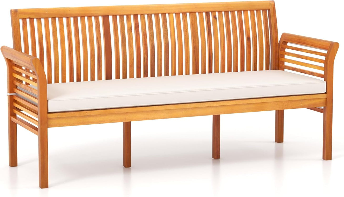 Tangkula 3-Seat Patio Acacia Wood Bench with Cushion, 62.5” Extra Long Outdoor Chair with Dense Slatted Backrest & Armrests, 1200 lbs Weight Capacity, Outside Bench for Yard, Balcony, Porch & Garden