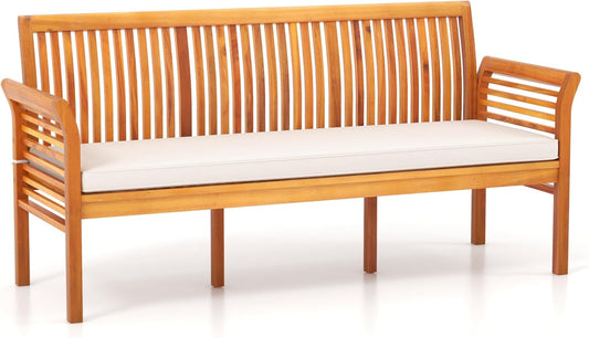 Tangkula 3-Seat Patio Acacia Wood Bench with Cushion, 62.5” Extra Long Outdoor Chair with Dense Slatted Backrest & Armrests, 1200 lbs Weight Capacity, Outside Bench for Yard, Balcony, Porch & Garden