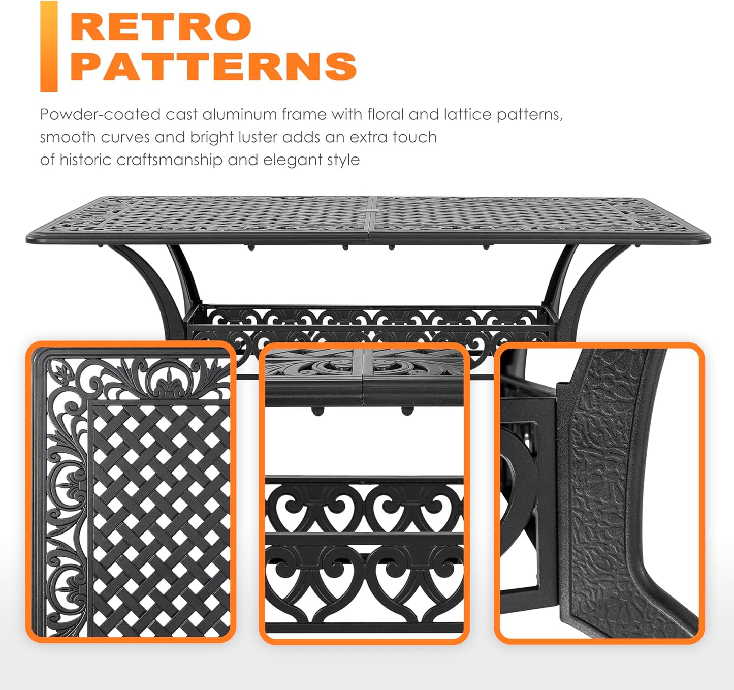 NUU GARDEN 60" Outdoor Dining Table with 2.09" Umbrella Hole, All Weather Cast Aluminum Outdoor Patio Table, 6-8 Person Rectangle Dining Table, Backyard Bistro Table for Garden, Poolside, Black