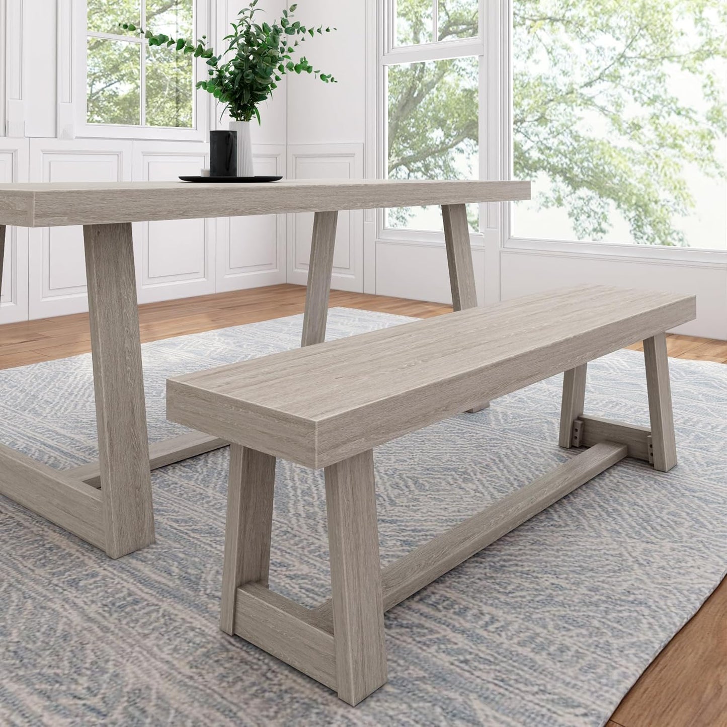 Plank+Beam 60 Inch Farmhouse Dining Bench, Solid Wood Entryway Bench, Wooden Outdoor Bench, Kitchen Dining Seat, Dining Room, Home Office, Living Room Furniture, Easy Assembly, Pecan Wirebrush