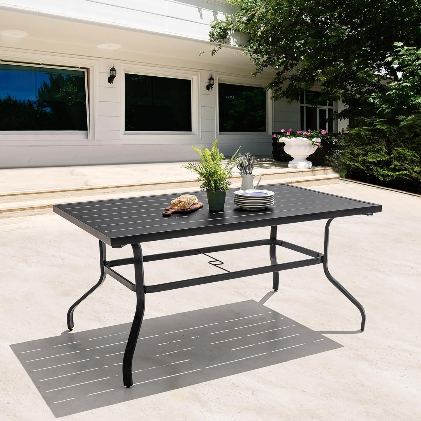 NUU GARDEN 60" Outdoor Dining Table with 2.09" Umbrella Hole, All Weather Cast Aluminum Outdoor Patio Table, 6-8 Person Rectangle Dining Table, Backyard Bistro Table for Garden, Poolside, Black