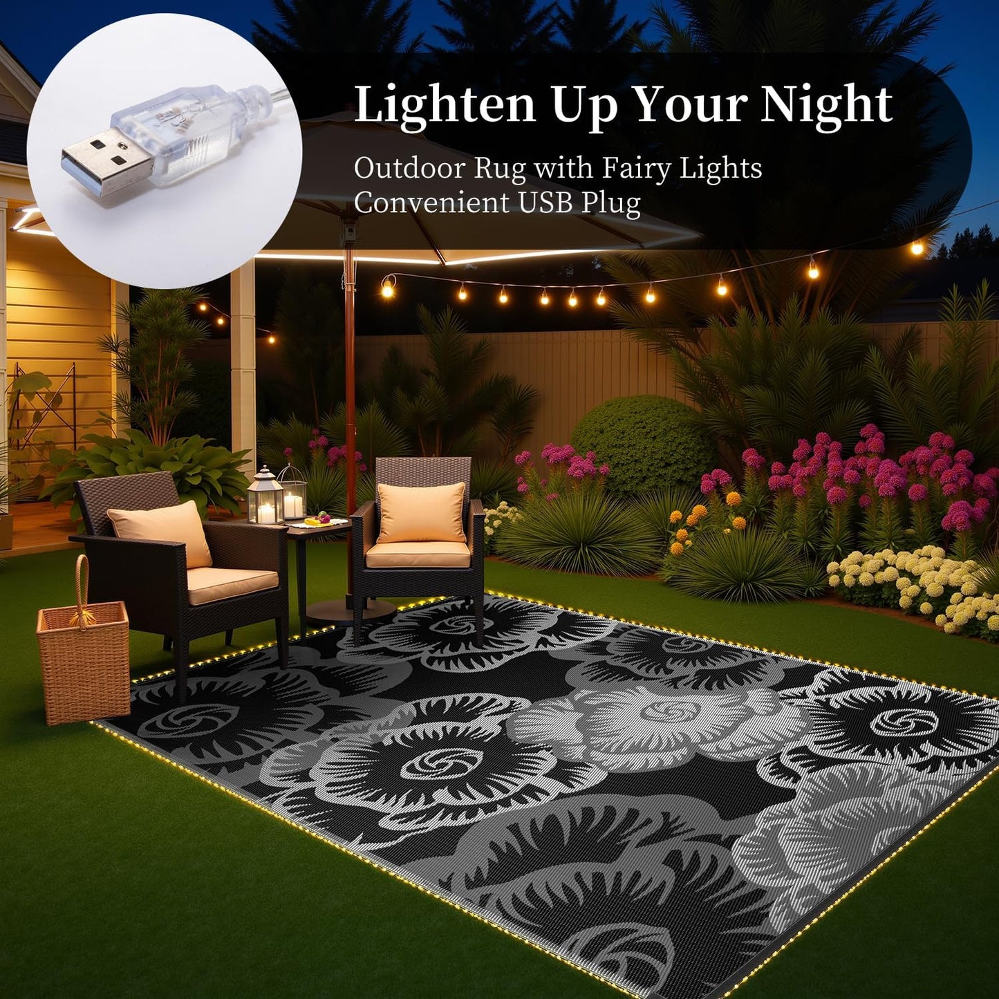 MontVoo Outdoor Rug with Led String Strip Lights 6x9ft Waterproof Outdoor Patio Rug Mat Reversible Plastic Straw Rug Outside Outdoor Rug for RV Camping Picnic Balcony Backyard Fairy Outdoor Decor