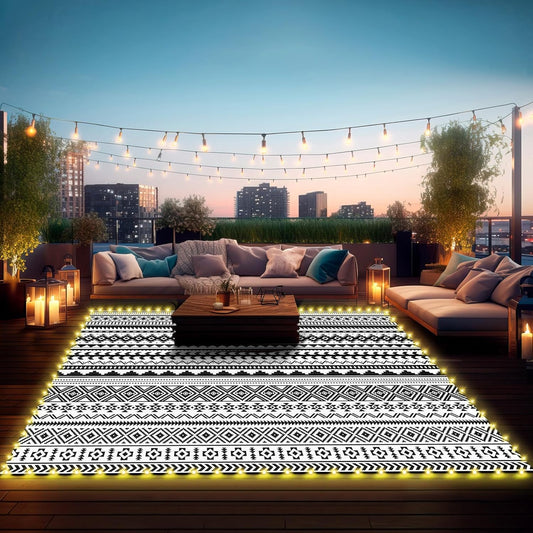 Outdoor Rug Carpet 9 x 12 ft with LED Strip Lights for Patio RV Camping Waterproof Plastic Straw Rug Indoor Outdoor Rug Mat Reversible Geometric Boho Rug for Floor Balcony Picnic Decor