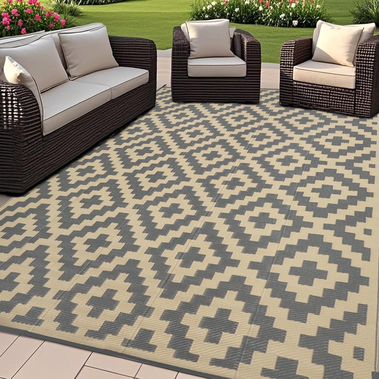 SAND MINE Reversible Mats with Led Strip Lights, Plastic Straw Rug, Modern Area Rug, Large Floor Mat for Outdoors, Patio, Backyard, Deck, Picnic, Camping, Black & Beige, 8' x 10'