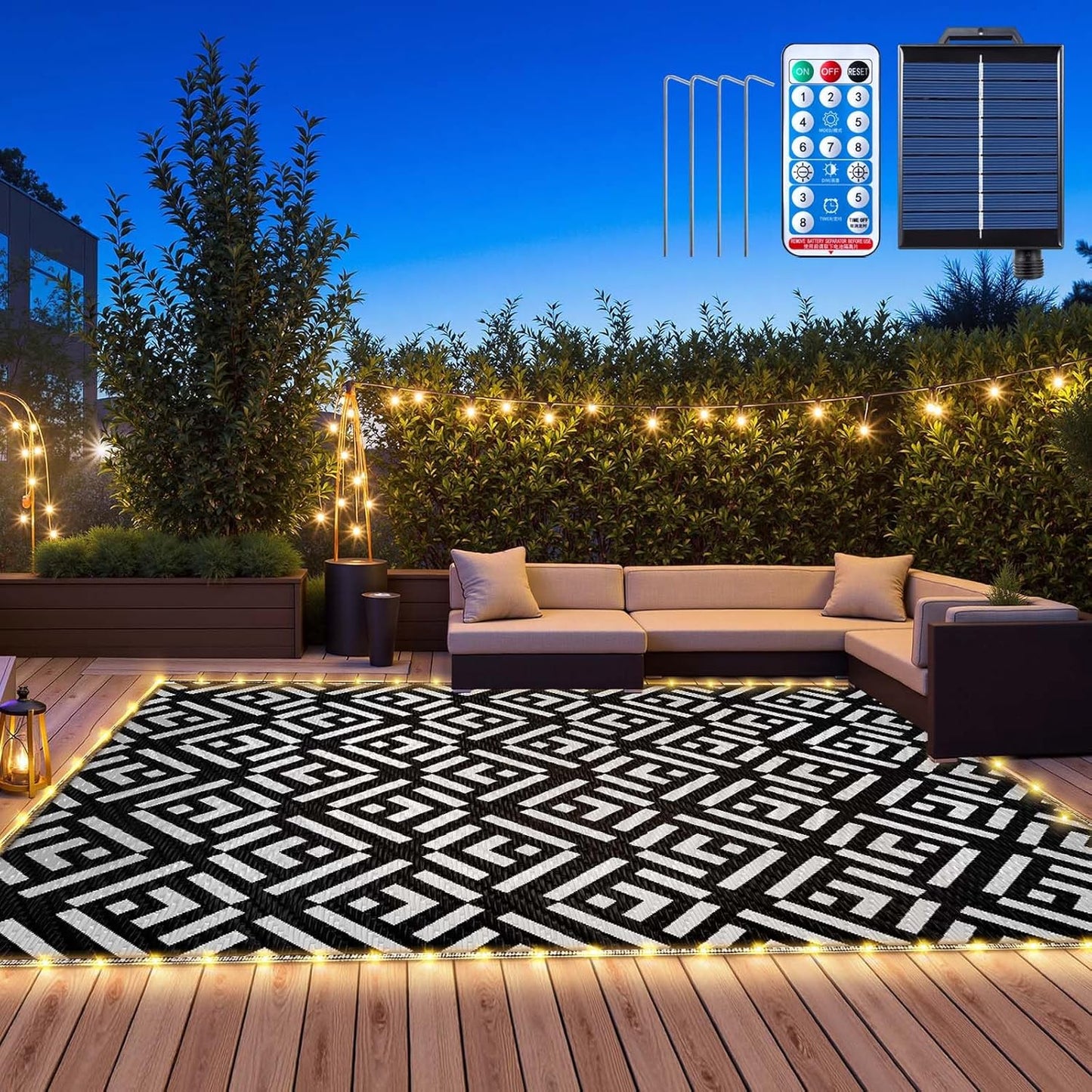 9x12Ft Outdoor Rug, Solar Powered Outdoor Rug with 131LEDs Strip Lights for House Deck, Waterproof Plastic Reversible Outdoor Straw Rugs, Rugs Mat RV Camping Patio Beach Balcony Picnic (Blue White)
