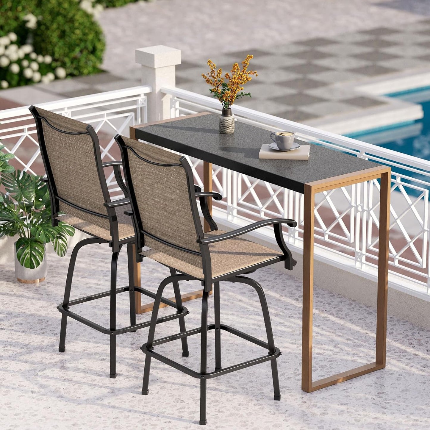 PHI VILLA Outdoor Patio Bar Dining Table for 6, 40" High Top Rectangle Metal Steel Table with 1.97" Umbrella Hole for Garden, Yard and Deck, Black