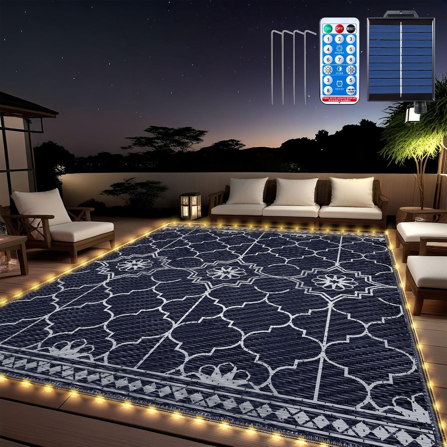 9x12Ft Outdoor Rug, Solar Powered Outdoor Rug with 131LEDs Strip Lights for House Deck, Waterproof Plastic Reversible Outdoor Straw Rugs, Rugs Mat RV Camping Patio Beach Balcony Picnic (Blue White)