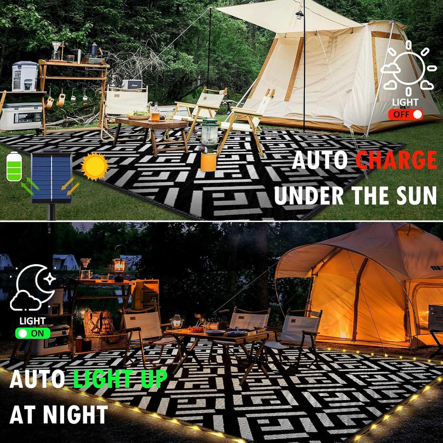 Outdoor Rug 6x9Ft, Solar Powered Outdoor Camping Rug with 94LEDs Strip Lights, Waterproof Plastic Reversible Outdoor Straw Rugs, Rugs Mat for RV Camping Patio Beach Balcony House Deck Picnic