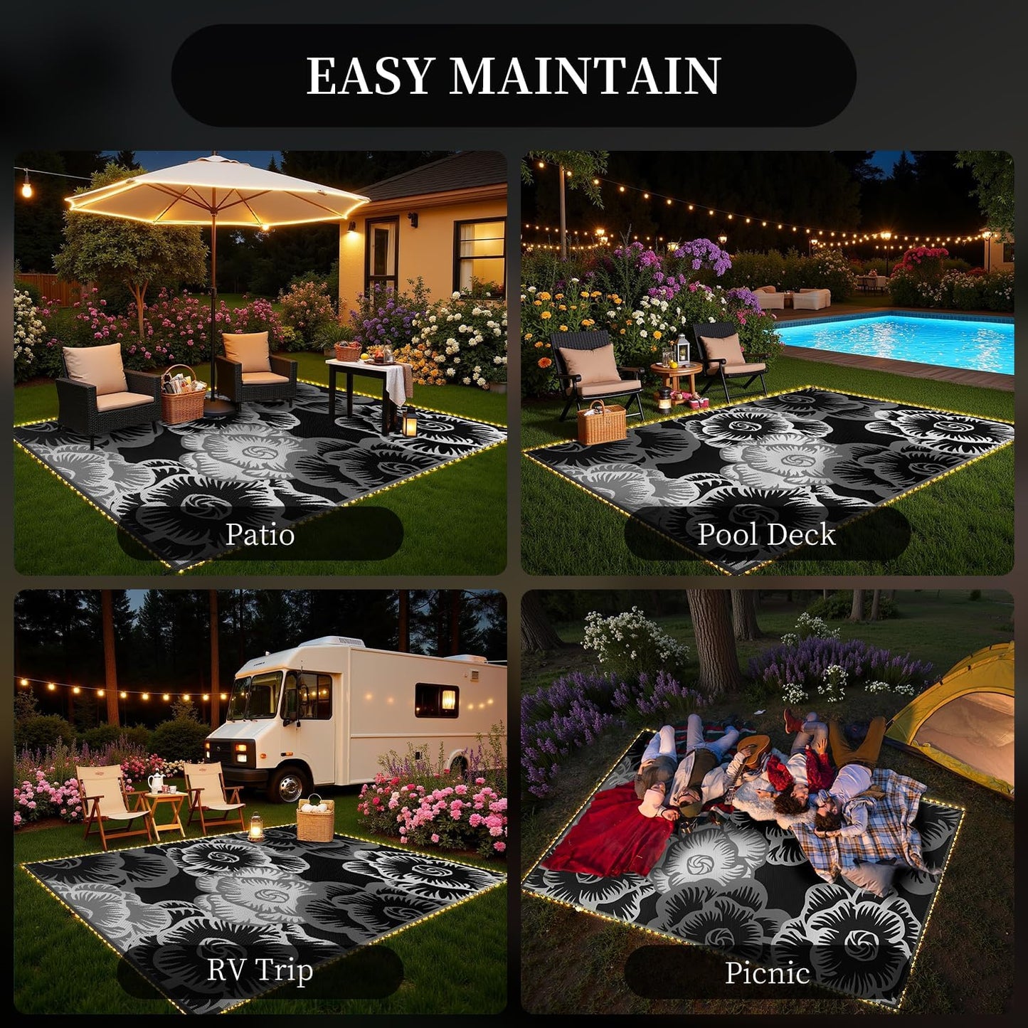 MontVoo Outdoor Rug with Led String Strip Lights 6x9ft Waterproof Outdoor Patio Rug Mat Reversible Plastic Straw Rug Outside Outdoor Rug for RV Camping Picnic Balcony Backyard Fairy Outdoor Decor