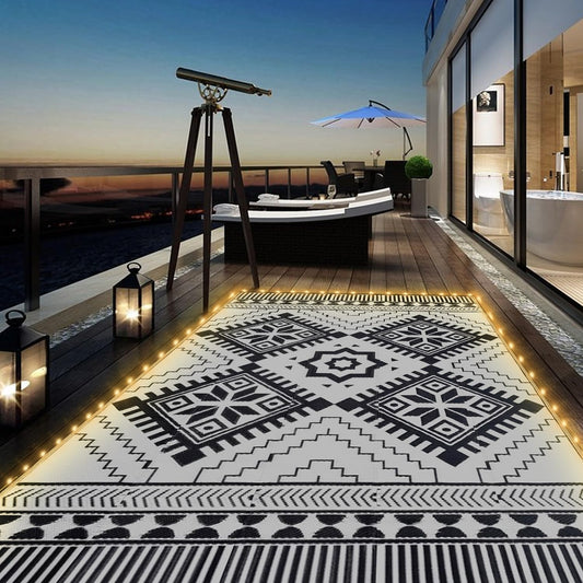 8x10ft Waterproof Outdoor Rug with LED Lights, Boho Reversible Plastic Straw Mat for Patio RV Camping Picnic Balcony Beach Deck Indoor Outdoor Carpet, Black&White