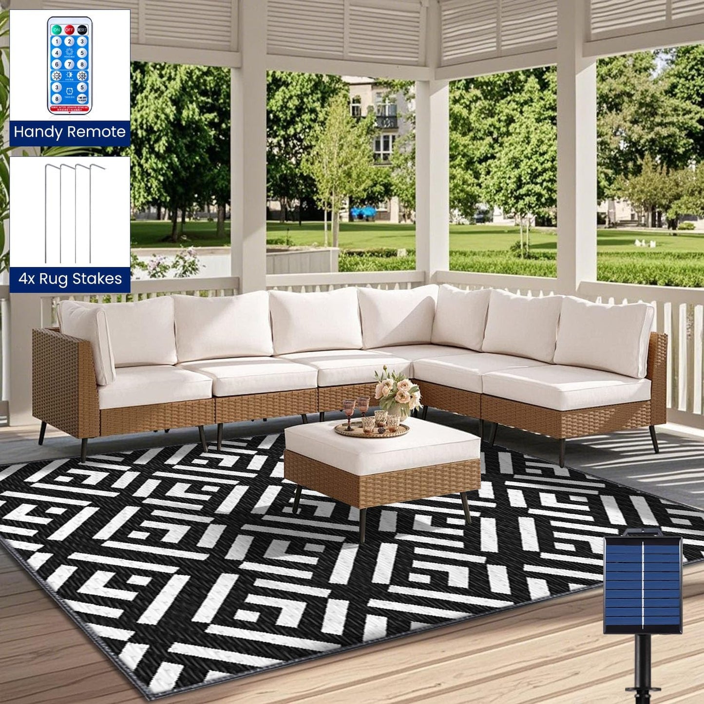 Outdoor Rug 6x9Ft, Solar Powered Outdoor Camping Rug with 94LEDs Strip Lights, Waterproof Plastic Reversible Outdoor Straw Rugs, Rugs Mat for RV Camping Patio Beach Balcony House Deck Picnic