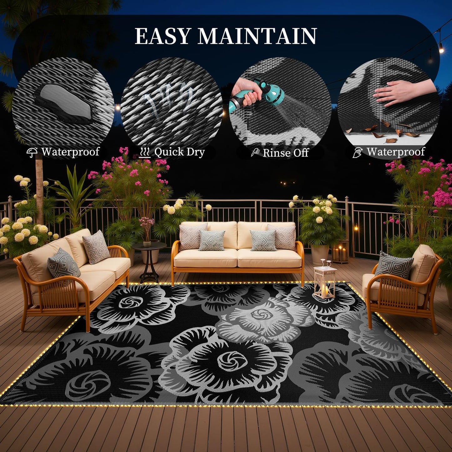 MontVoo Outdoor Rug with Led String Strip Lights 6x9ft Waterproof Outdoor Patio Rug Mat Reversible Plastic Straw Rug Outside Outdoor Rug for RV Camping Picnic Balcony Backyard Fairy Outdoor Decor