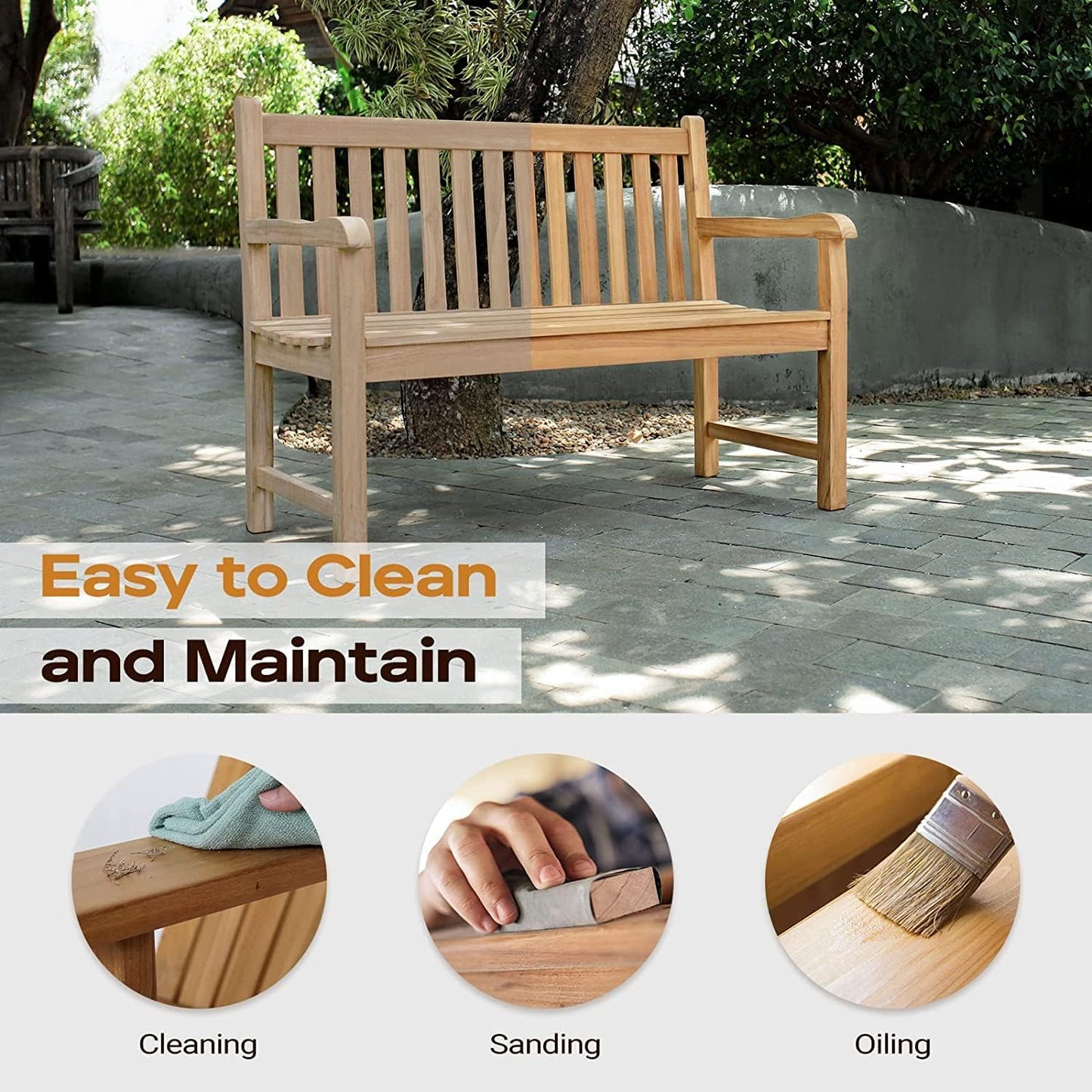 4 Feet Patio Bench - Golden Teak Wood Porch Chair Yard Garden Bench Balcony Outdoor with Armrest & Backrest(Natural Wood Color)