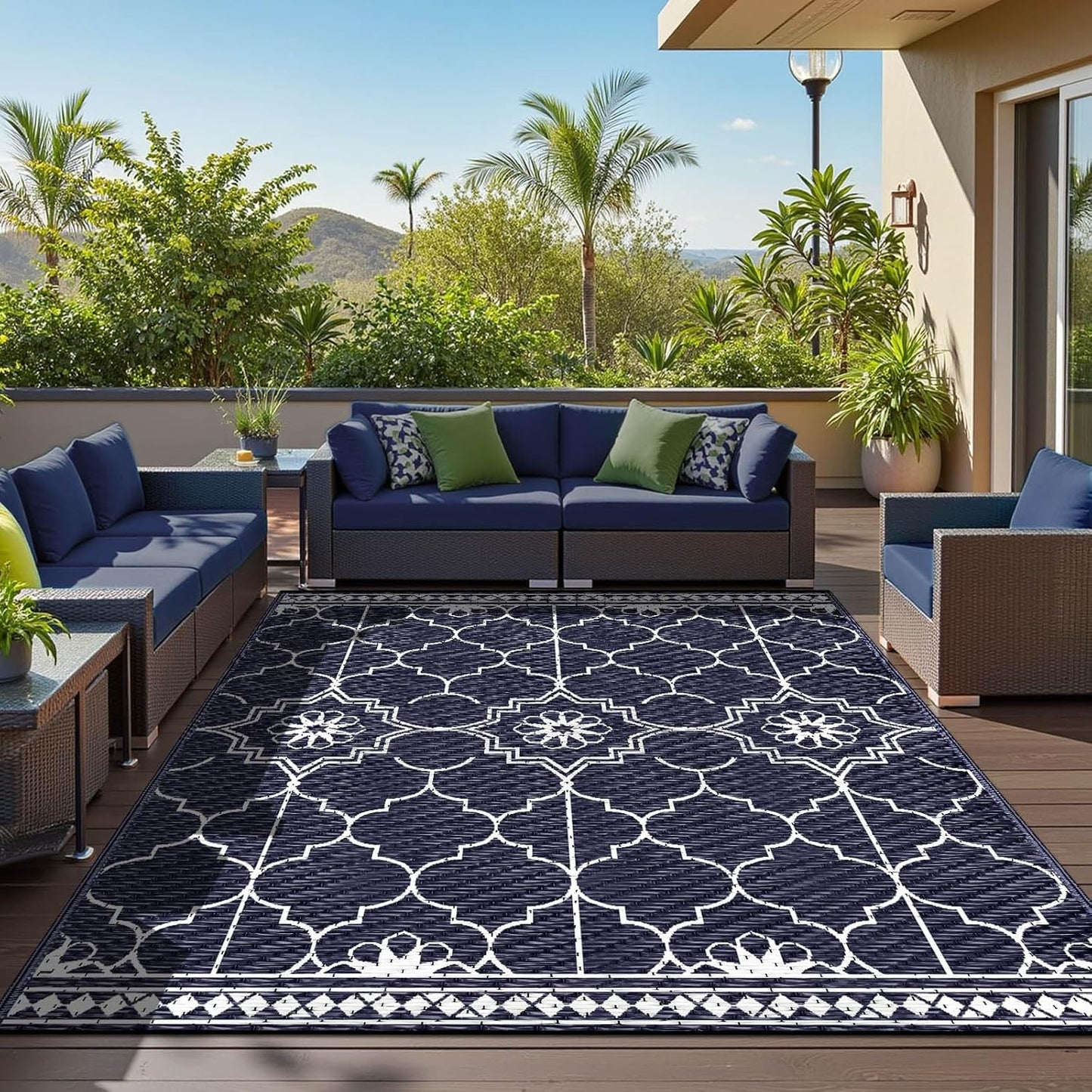 9x12Ft Outdoor Rug, Solar Powered Outdoor Rug with 131LEDs Strip Lights for House Deck, Waterproof Plastic Reversible Outdoor Straw Rugs, Rugs Mat RV Camping Patio Beach Balcony Picnic (Blue White)