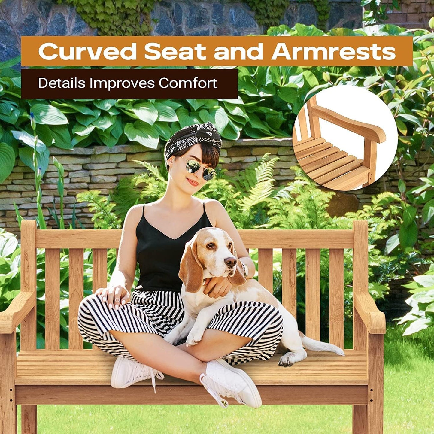 4 Feet Patio Bench - Golden Teak Wood Porch Chair Yard Garden Bench Balcony Outdoor with Armrest & Backrest(Natural Wood Color)