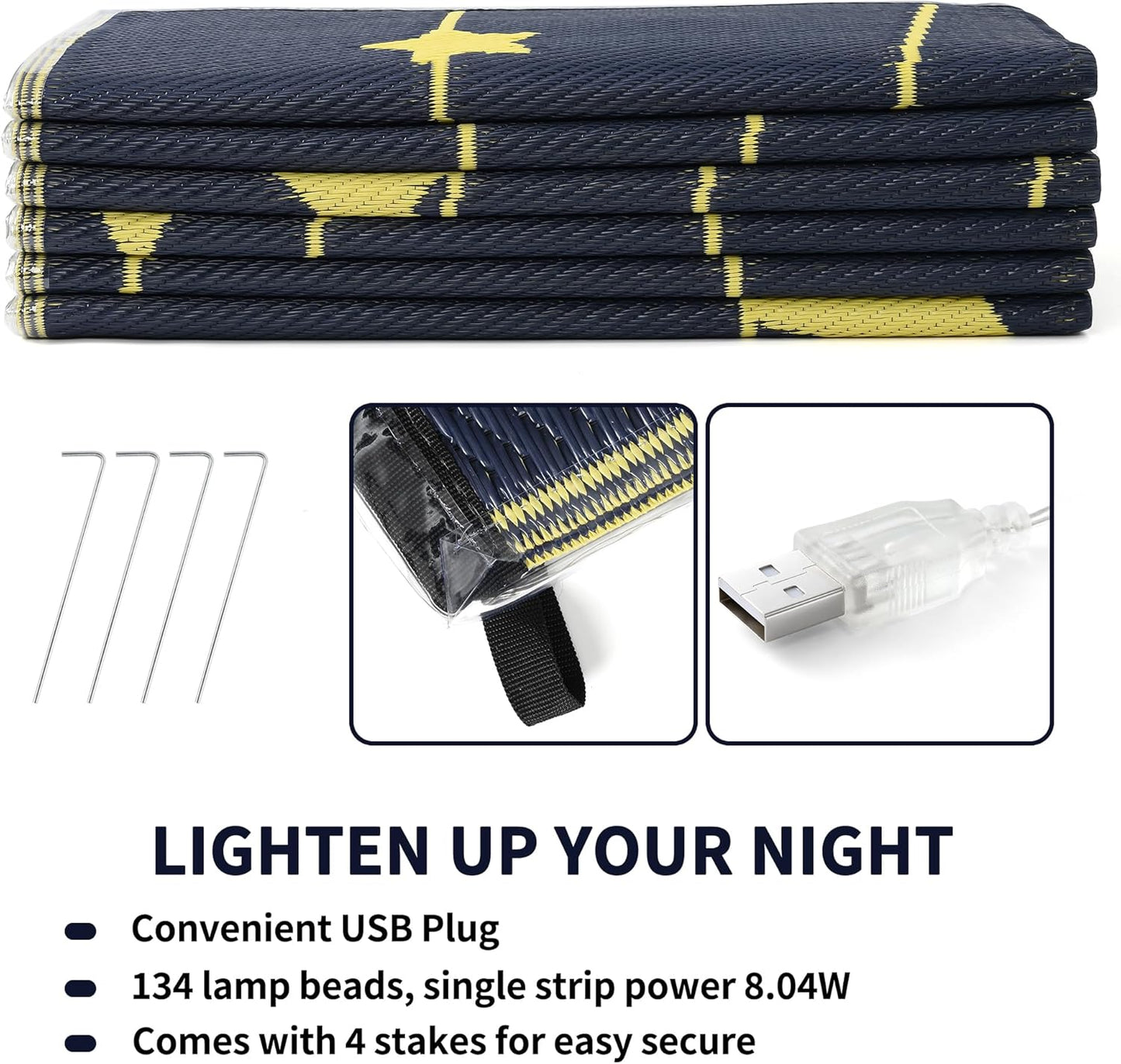 Boulder Bee LED Outdoor Rugs, Plastic Straw Rug Glow in The Night, Waterproof Outdoor Camping Rugs, Quick Drying Picnic Rug, Sand Free Reversible Beach Mats, 9 x 12 Feet