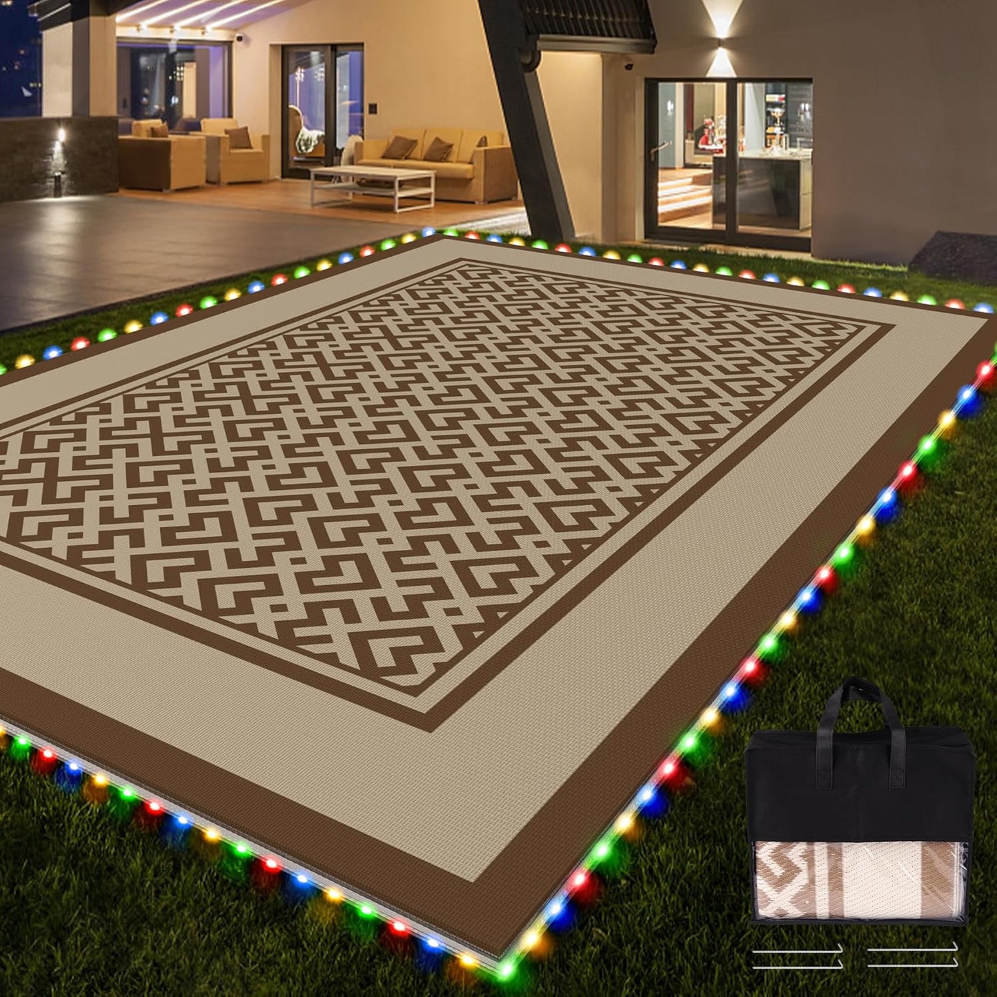 RV Outdoor Rug with Lights 8x10ft, Outdoor Camping Rug, Waterproof, Easy Cleaning, Non Shedding, Foldable and Portable, Reversible Mats for RV, Deck, Beach, Camping, Patio, Picnic (Brown & White)