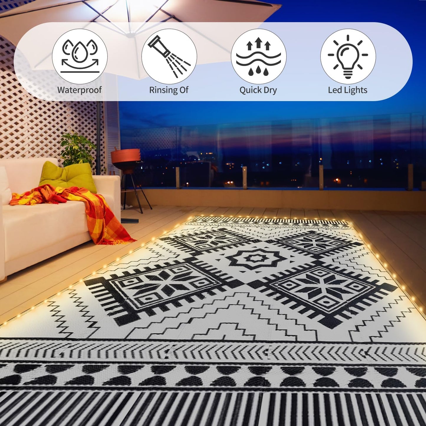 8x10ft Waterproof Outdoor Rug with LED Lights, Boho Reversible Plastic Straw Mat for Patio RV Camping Picnic Balcony Beach Deck Indoor Outdoor Carpet, Black&White