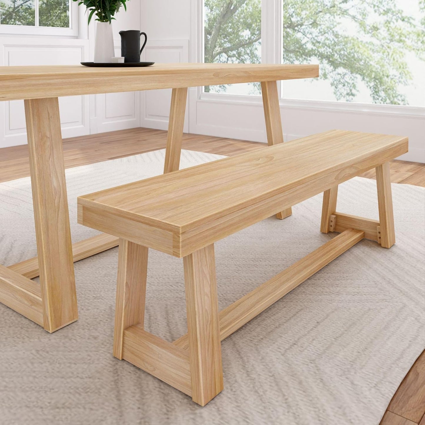Plank+Beam 60 Inch Farmhouse Dining Bench, Solid Wood Entryway Bench, Wooden Outdoor Bench, Kitchen Dining Seat, Dining Room, Home Office, Living Room Furniture, Easy Assembly, Pecan Wirebrush