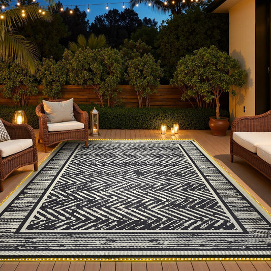COCOER Outdoor Rug-8x10 Waterproof Patio Rug with LED Strip Lights-Reversible Outdoor Carpet Plastic Straw Outside Rug for RV Porch Balcony