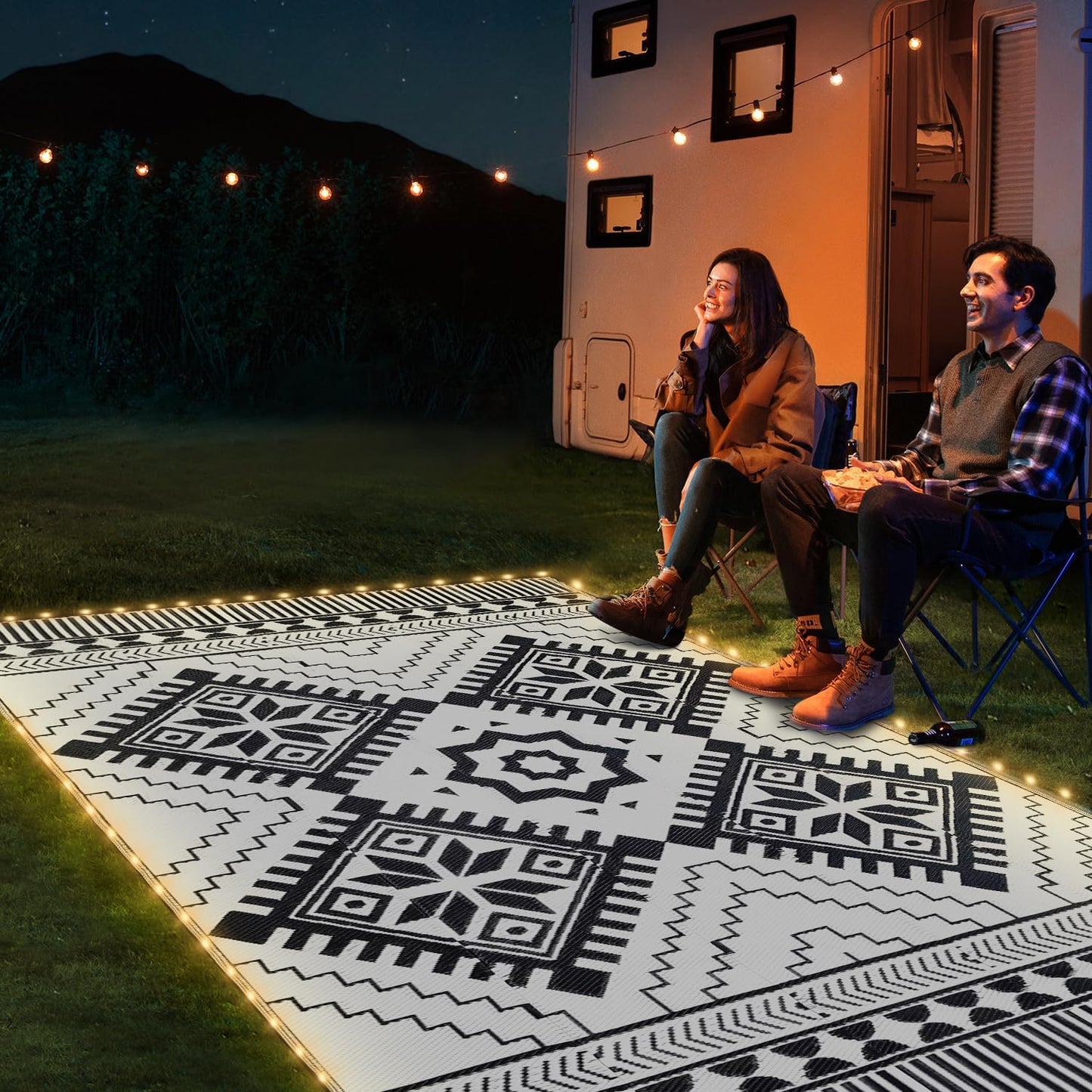 8x10ft Waterproof Outdoor Rug with LED Lights, Boho Reversible Plastic Straw Mat for Patio RV Camping Picnic Balcony Beach Deck Indoor Outdoor Carpet, Black&White