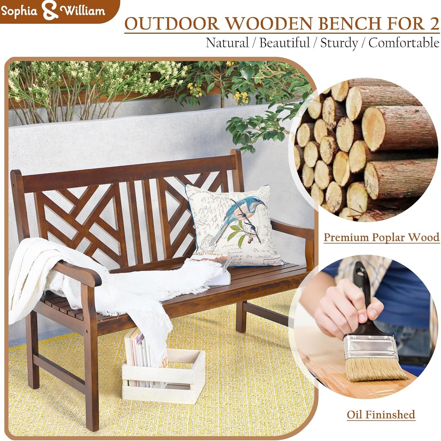 Sophia & William Outdoor Bench Garden Bench Wood 47", Patio Dining Bench Weatherproof with Back, Wooden Park Front Porch Benches for Outside, Rustic Poplar Wood Bench Long Narrow Clearance