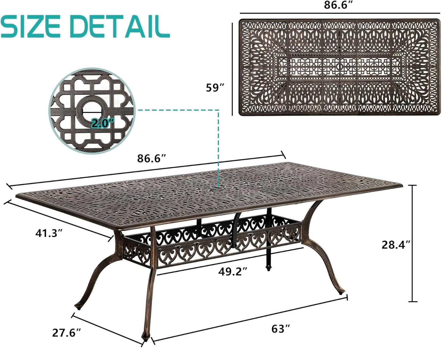 TITIMO 87'' Patio Dining Table, Cast Aluminum Outdoor Rectangle Dining Table, Weather-Resistant Table with 2" Umbrella Hole, Lawn Backyard Garden
