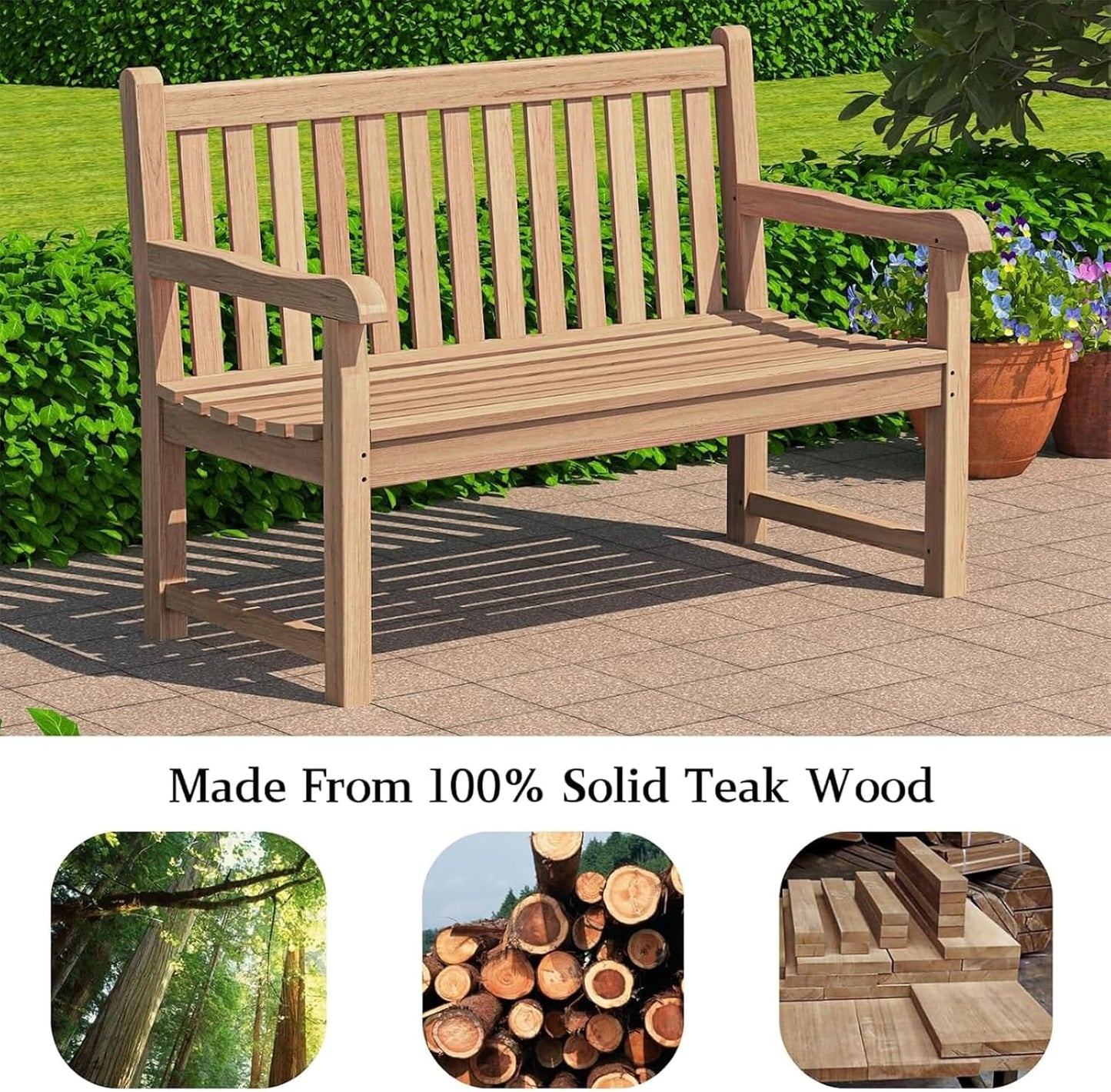4 Feet Patio Bench - Golden Teak Wood Porch Chair Yard Garden Bench Balcony Outdoor with Armrest & Backrest(Natural Wood Color)