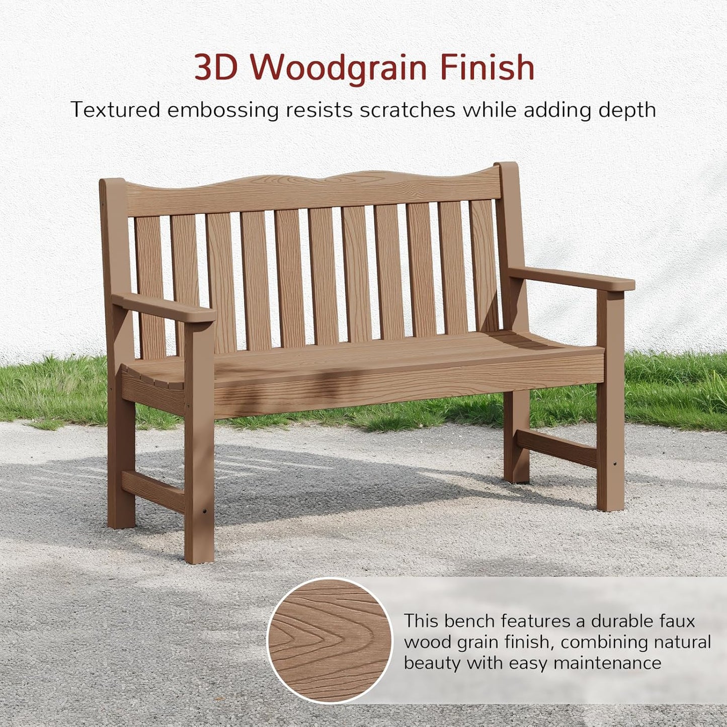 Outdoor Bench, 2-Person Poly Lumber Garden Bench, All-Weather Outside Bench with 800 lbs Weight Capacity, Never Rot or Fade, Looks Like Real Wood, Teak