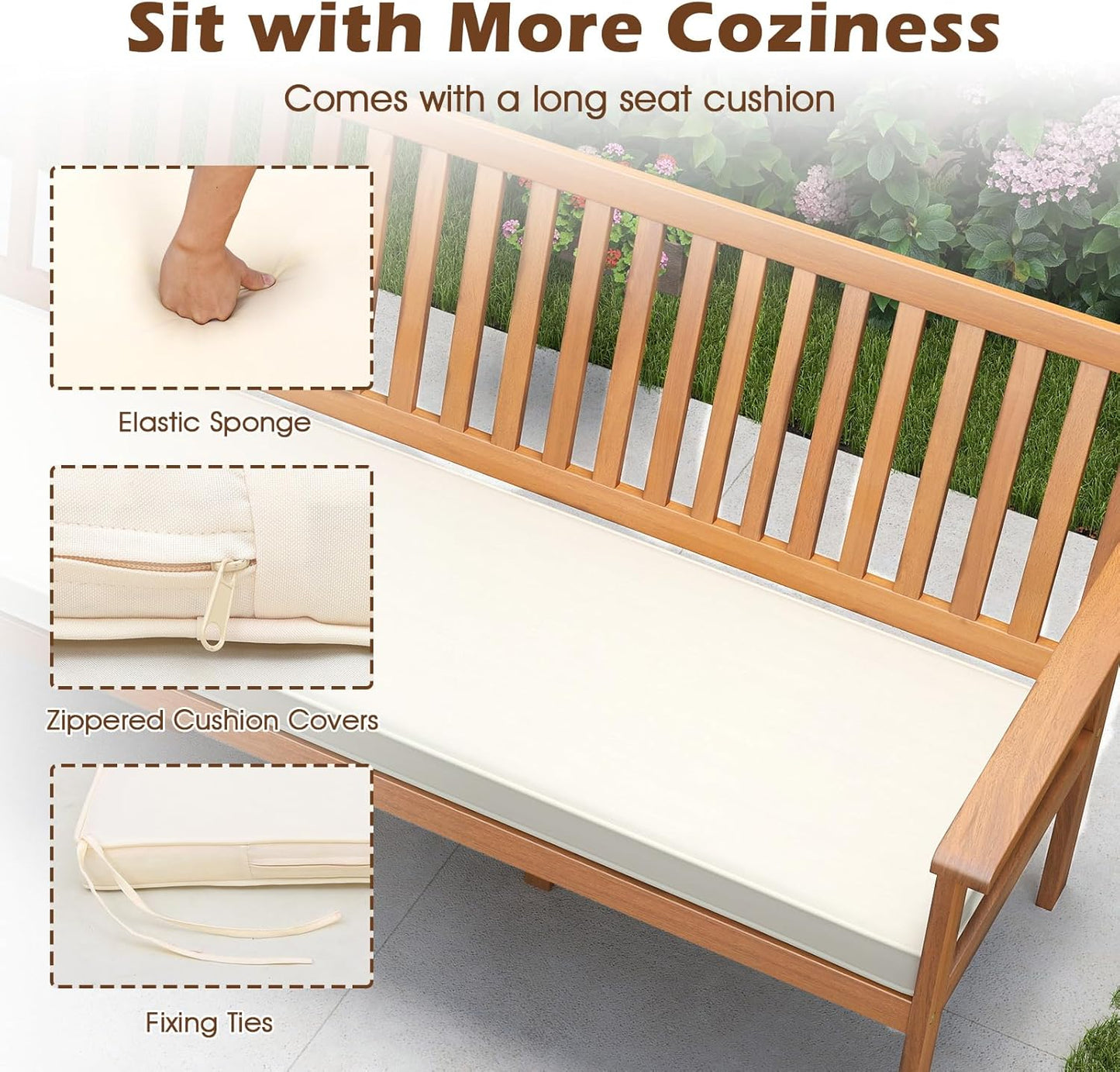 RELAX4LIFE 64’’ Outdoor Bench Acacia Wood - 3-Person Patio Bench w/Slatted Backrest, Armrests & Removable Seat Cushion, Wooden Front Porch Garden Bench for Poolside Balcony Backyard, 1200 LBS Capacity