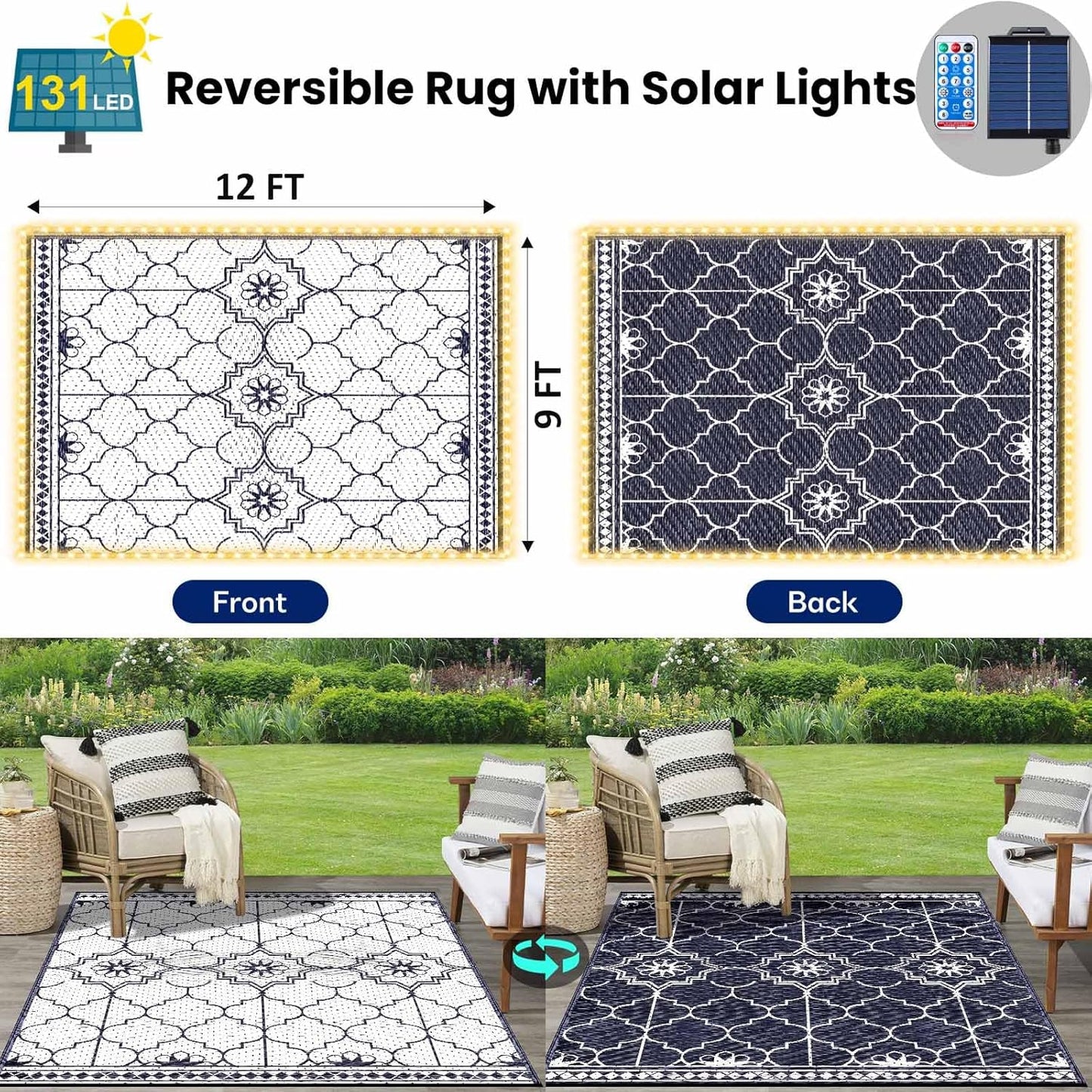 9x12Ft Outdoor Rug, Solar Powered Outdoor Rug with 131LEDs Strip Lights for House Deck, Waterproof Plastic Reversible Outdoor Straw Rugs, Rugs Mat RV Camping Patio Beach Balcony Picnic (Blue White)