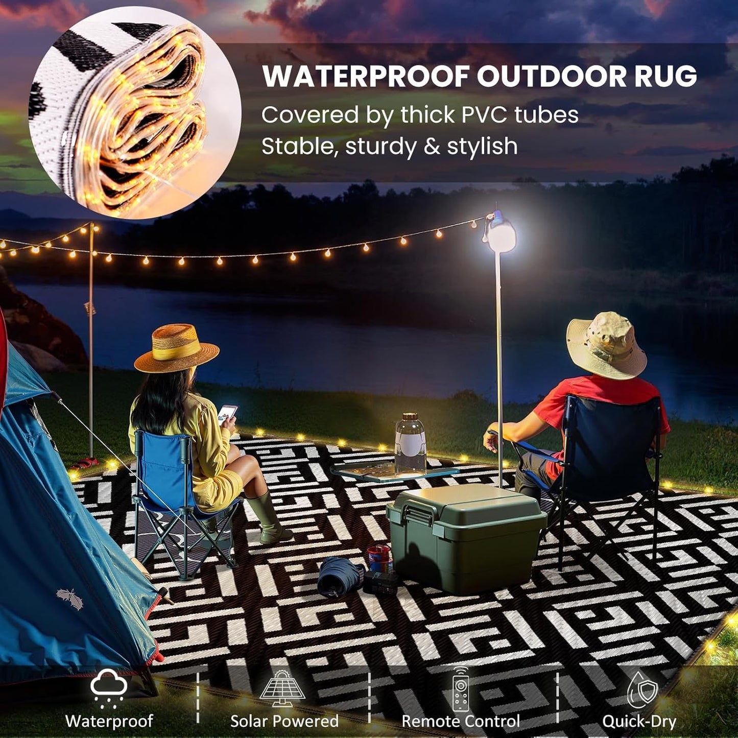 Outdoor Rug 6x9Ft, Solar Powered Outdoor Camping Rug with 94LEDs Strip Lights, Waterproof Plastic Reversible Outdoor Straw Rugs, Rugs Mat for RV Camping Patio Beach Balcony House Deck Picnic